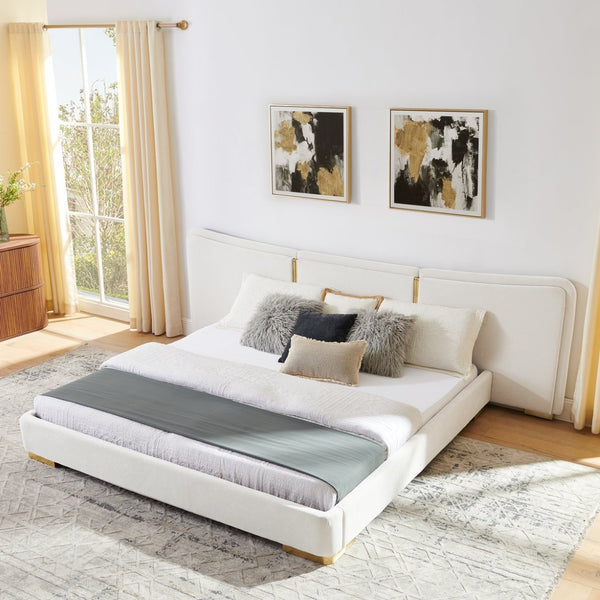 English Elm King Platform Bed Curved Chenille Headboard Electroplated Legs Light Luxury Bedroom Frame Beige W487S00535
