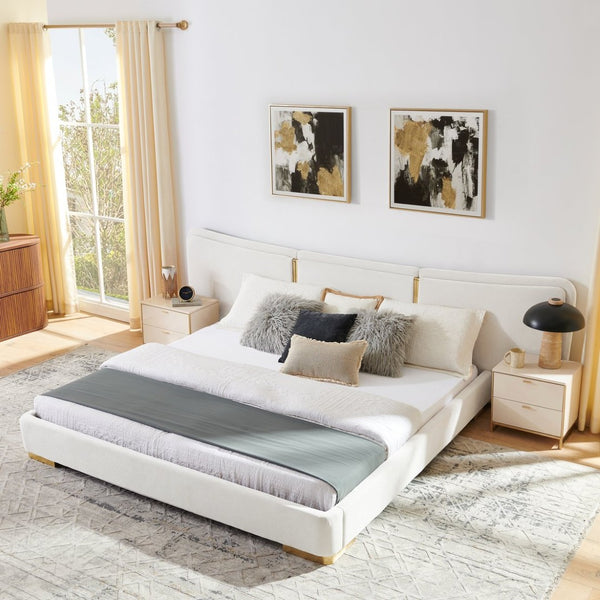 English Elm King Platform Bed Curved Chenille Headboard Electroplated Legs Light Luxury Bedroom Frame Beige W487S00535