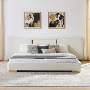 English Elm King Platform Bed Curved Chenille Headboard Electroplated Legs Light Luxury Bedroom Frame Beige W487S00535