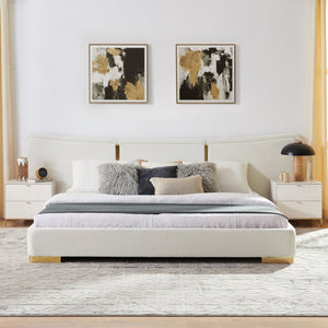 English Elm King Platform Bed Curved Chenille Headboard Electroplated Legs Light Luxury Bedroom Frame Beige W487S00535