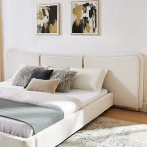 English Elm King Platform Bed Curved Chenille Headboard Electroplated Legs Light Luxury Bedroom Frame Beige W487S00535