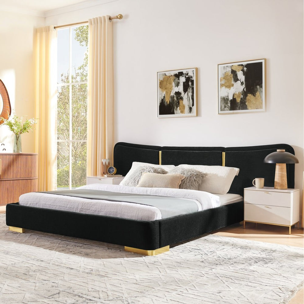 English Elm Queen Platform Bed Curved Chenille Headboard Electroplated Legs Flexible Bedroom Design Black W487S00536