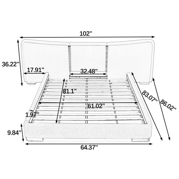 English Elm Queen Platform Bed Curved Chenille Headboard Electroplated Legs Flexible Bedroom Design Black W487S00536