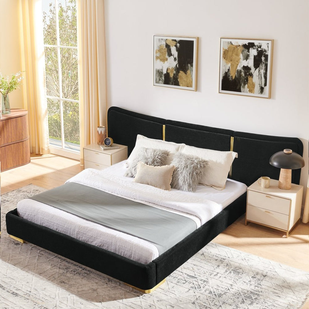 English Elm Queen Platform Bed Curved Chenille Headboard Electroplated Legs Flexible Bedroom Design Black W487S00536