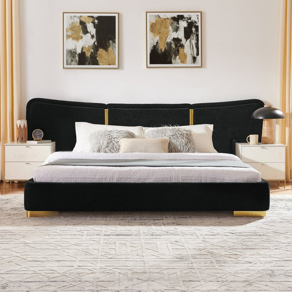 English Elm Queen Platform Bed Curved Chenille Headboard Electroplated Legs Flexible Bedroom Design Black W487S00536