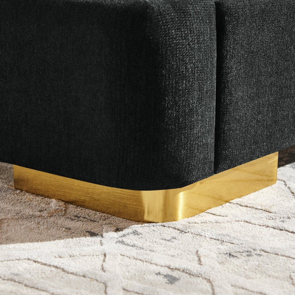 English Elm Queen Platform Bed Curved Chenille Headboard Electroplated Legs Flexible Bedroom Design Black W487S00536