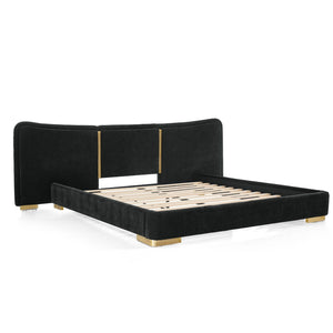 English Elm Queen Platform Bed Curved Chenille Headboard Electroplated Legs Flexible Bedroom Design Black W487S00536