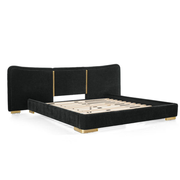 English Elm Queen Platform Bed Curved Chenille Headboard Electroplated Legs Flexible Bedroom Design Black W487S00536