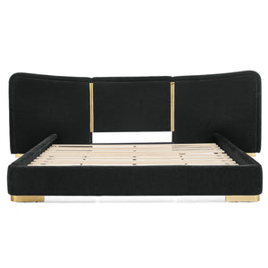 English Elm Queen Platform Bed Curved Chenille Headboard Electroplated Legs Flexible Bedroom Design Black W487S00536