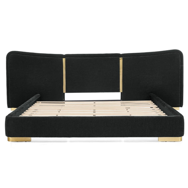 English Elm Queen Platform Bed Curved Chenille Headboard Electroplated Legs Flexible Bedroom Design Black W487S00536