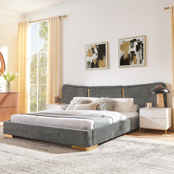 English Elm Queen Platform Bed Curved Chenille Headboard Electroplated Legs Flexible Bedroom Design Dark Gray W487S00537