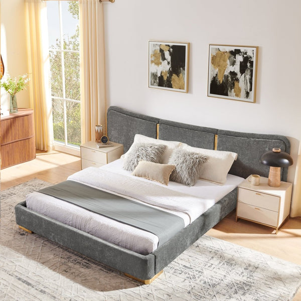 English Elm Queen Platform Bed Curved Chenille Headboard Electroplated Legs Flexible Bedroom Design Dark Gray W487S00537