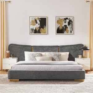 English Elm Queen Platform Bed Curved Chenille Headboard Electroplated Legs Flexible Bedroom Design Dark Gray W487S00537