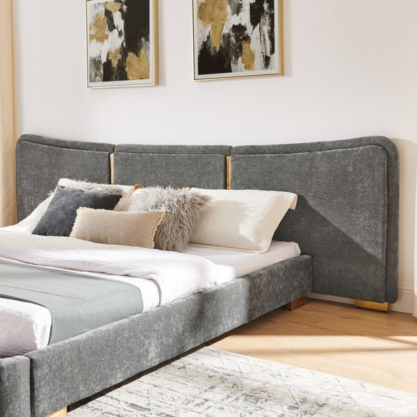 English Elm Queen Platform Bed Curved Chenille Headboard Electroplated Legs Flexible Bedroom Design Dark Gray W487S00537