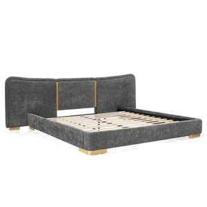 English Elm Queen Platform Bed Curved Chenille Headboard Electroplated Legs Flexible Bedroom Design Dark Gray W487S00537
