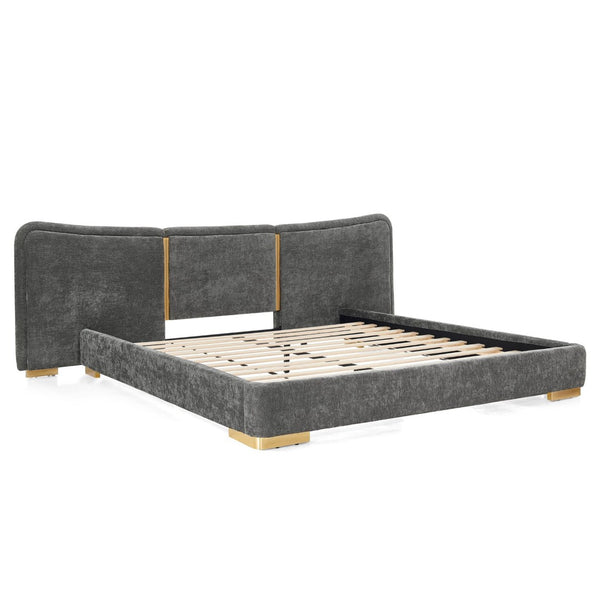 English Elm Queen Platform Bed Curved Chenille Headboard Electroplated Legs Flexible Bedroom Design Dark Gray W487S00537