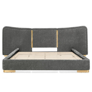 English Elm Queen Platform Bed Curved Chenille Headboard Electroplated Legs Flexible Bedroom Design Dark Gray W487S00537