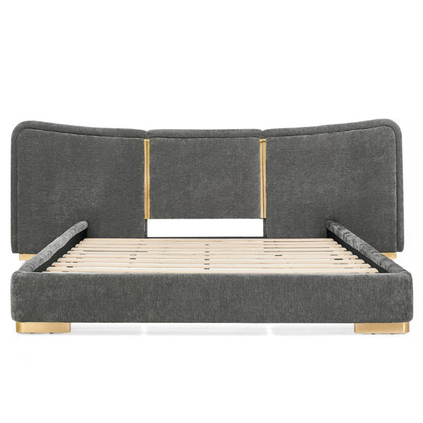 English Elm Queen Platform Bed Curved Chenille Headboard Electroplated Legs Flexible Bedroom Design Dark Gray W487S00537