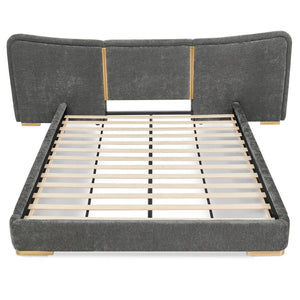 English Elm Queen Platform Bed Curved Chenille Headboard Electroplated Legs Flexible Bedroom Design Dark Gray W487S00537