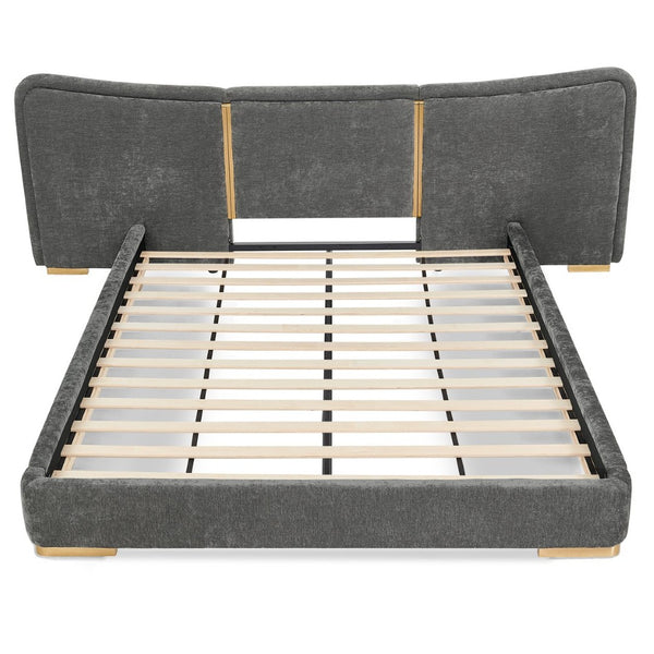 English Elm Queen Platform Bed Curved Chenille Headboard Electroplated Legs Flexible Bedroom Design Dark Gray W487S00537