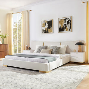 English Elm Queen Platform Bed Curved Chenille Headboard Electroplated Legs Flexible Bedroom Design Beige W487S00538