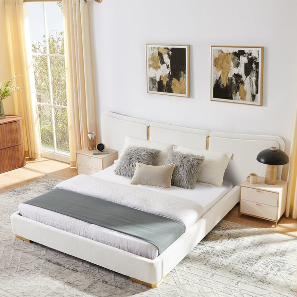 English Elm Queen Platform Bed Curved Chenille Headboard Electroplated Legs Flexible Bedroom Design Beige W487S00538