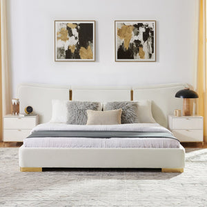 English Elm Queen Platform Bed Curved Chenille Headboard Electroplated Legs Flexible Bedroom Design Beige W487S00538