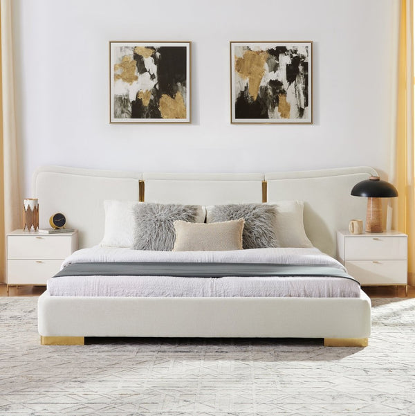 English Elm Queen Platform Bed Curved Chenille Headboard Electroplated Legs Flexible Bedroom Design Beige W487S00538