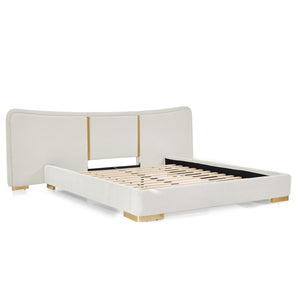 English Elm Queen Platform Bed Curved Chenille Headboard Electroplated Legs Flexible Bedroom Design Beige W487S00538