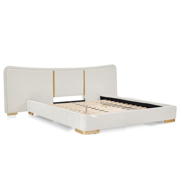 English Elm Queen Platform Bed Curved Chenille Headboard Electroplated Legs Flexible Bedroom Design Beige W487S00538