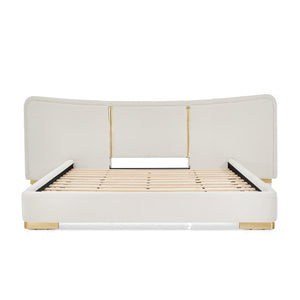 English Elm Queen Platform Bed Curved Chenille Headboard Electroplated Legs Flexible Bedroom Design Beige W487S00538