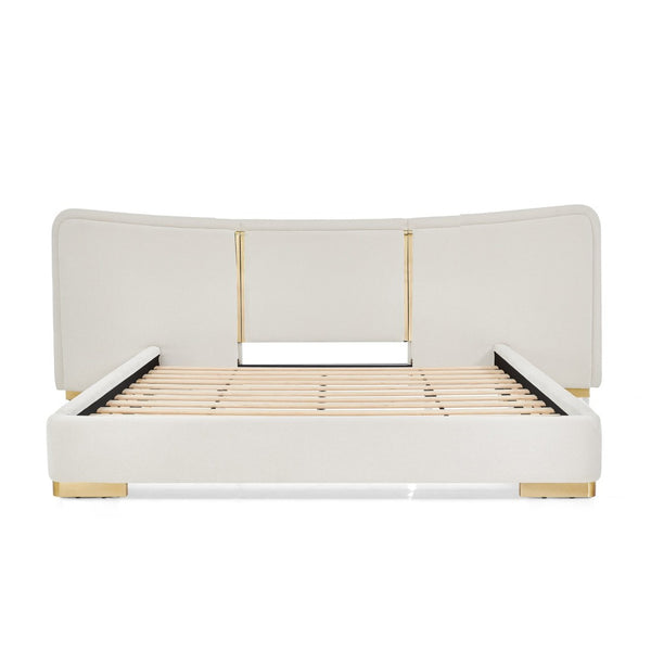 English Elm Queen Platform Bed Curved Chenille Headboard Electroplated Legs Flexible Bedroom Design Beige W487S00538
