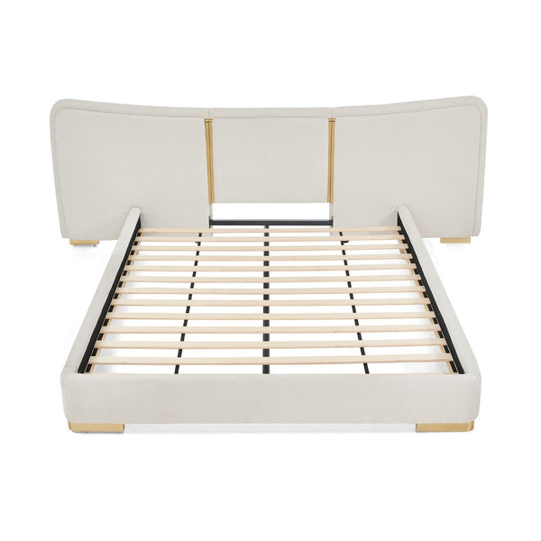 English Elm Queen Platform Bed Curved Chenille Headboard Electroplated Legs Flexible Bedroom Design Beige W487S00538