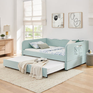 English Elm Full‑size Convertible Daybed Sofa with Pull-out Trundle Pockets and Polyester Upholstery Gingham Cyan W487S00544