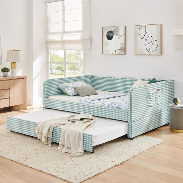 English Elm Full‑size Convertible Daybed Sofa with Pull-out Trundle Pockets and Polyester Upholstery Gingham Cyan W487S00544