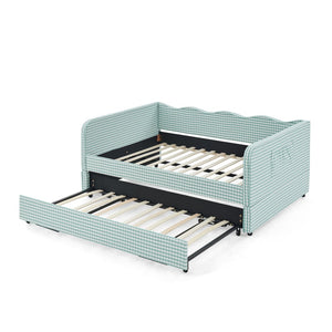 English Elm Full‑size Convertible Daybed Sofa with Pull-out Trundle Pockets and Polyester Upholstery Gingham Cyan W487S00544