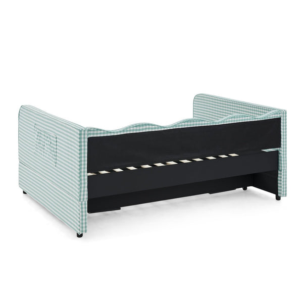 English Elm Full‑size Convertible Daybed Sofa with Pull-out Trundle Pockets and Polyester Upholstery Gingham Cyan W487S00544