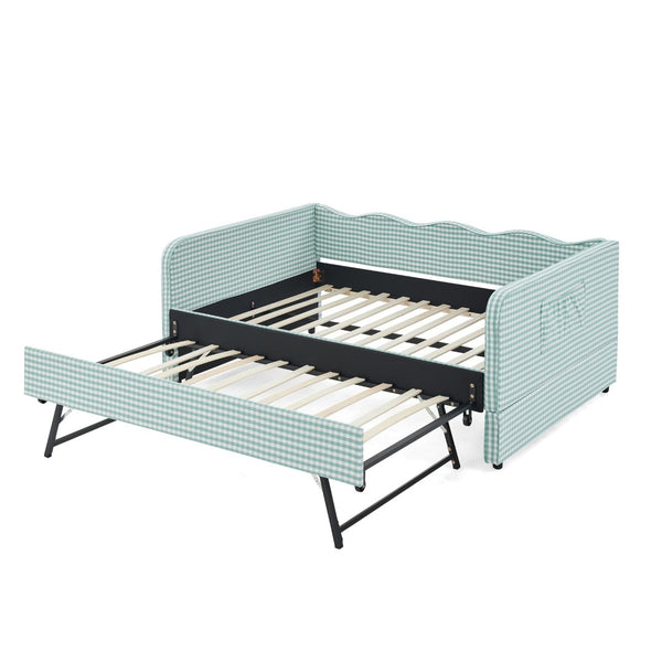 English Elm Full‑size Convertible Daybed Sofa with Pull-out Trundle Pockets and Polyester Upholstery Gingham Cyan W487S00544