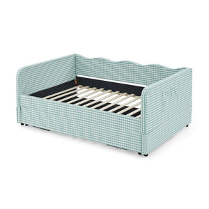 English Elm Full‑size Convertible Daybed Sofa with Pull-out Trundle Pockets and Polyester Upholstery Gingham Cyan W487S00544