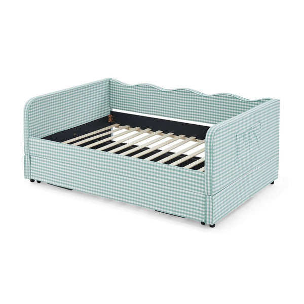 English Elm Full‑size Convertible Daybed Sofa with Pull-out Trundle Pockets and Polyester Upholstery Gingham Cyan W487S00544