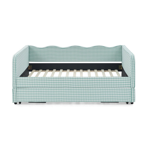 English Elm Full‑size Convertible Daybed Sofa with Pull-out Trundle Pockets and Polyester Upholstery Gingham Cyan W487S00544