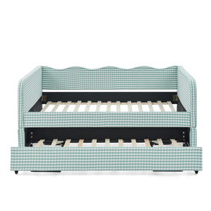 English Elm Full‑size Convertible Daybed Sofa with Pull-out Trundle Pockets and Polyester Upholstery Gingham Cyan W487S00544