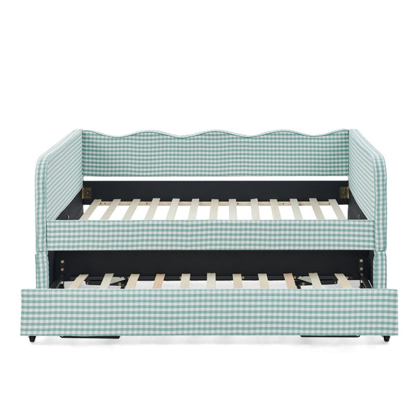 English Elm Full‑size Convertible Daybed Sofa with Pull-out Trundle Pockets and Polyester Upholstery Gingham Cyan W487S00544