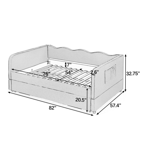English Elm Full‑size Convertible Daybed Sofa with Pull-out Trundle Pockets and Polyester Upholstery Gingham Cyan W487S00544