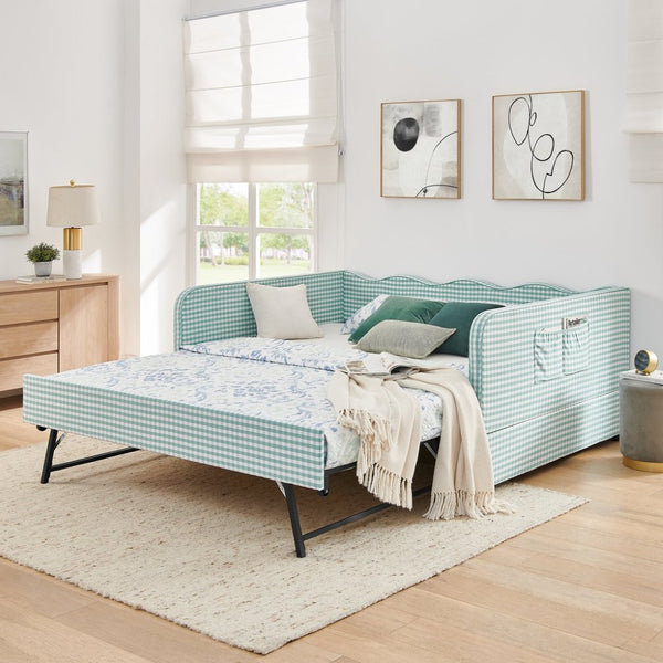English Elm Full‑size Convertible Daybed Sofa with Pull-out Trundle Pockets and Polyester Upholstery Gingham Cyan W487S00544