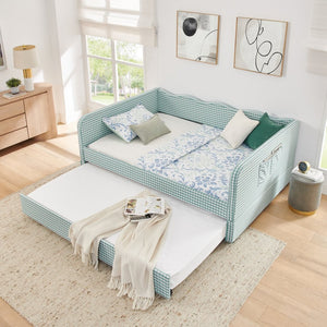 English Elm Full‑size Convertible Daybed Sofa with Pull-out Trundle Pockets and Polyester Upholstery Gingham Cyan W487S00544