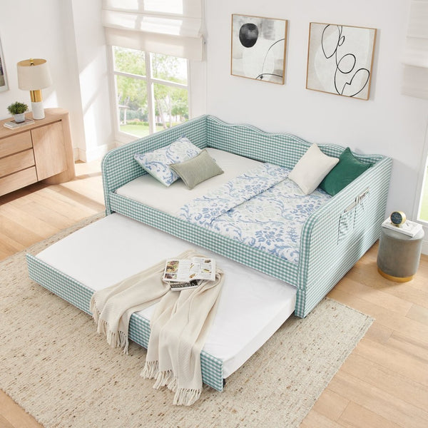 English Elm Full‑size Convertible Daybed Sofa with Pull-out Trundle Pockets and Polyester Upholstery Gingham Cyan W487S00544