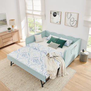 English Elm Full‑size Convertible Daybed Sofa with Pull-out Trundle Pockets and Polyester Upholstery Gingham Cyan W487S00544