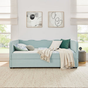 English Elm Full‑size Convertible Daybed Sofa with Pull-out Trundle Pockets and Polyester Upholstery Gingham Cyan W487S00544