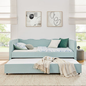 English Elm Full‑size Convertible Daybed Sofa with Pull-out Trundle Pockets and Polyester Upholstery Gingham Cyan W487S00544